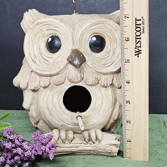 Vtg Carved Garden Hanging Owl Decor Small Nesting Resin Bird House Outdoor Cream - Picture 11 of 12